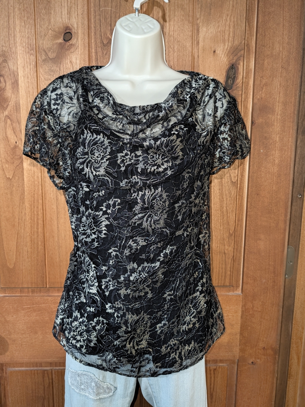 Evan Picone Black & Gold Lace Floral Cowl-Neck Blouse